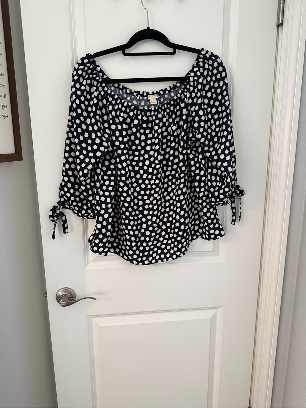 J. Crew Navy and White Polka Dot off the shoulder Top